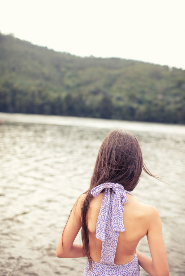 Swimsuit - Bow back, lavender with animal print