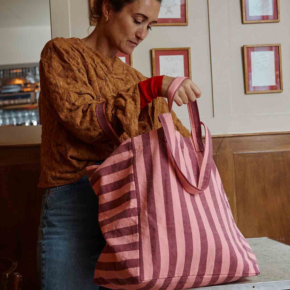 Tote Bag, Elisa - Bordeaux Stripes